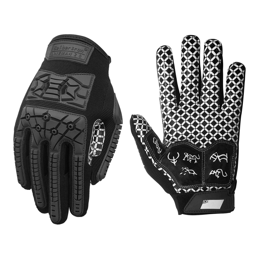 Seibertron Adult Full Finger Lineman 2.0 Padded Palm Football Receiver Gloves, Flexible TPR Impact Protection Back of Hand Glove - Seibertron