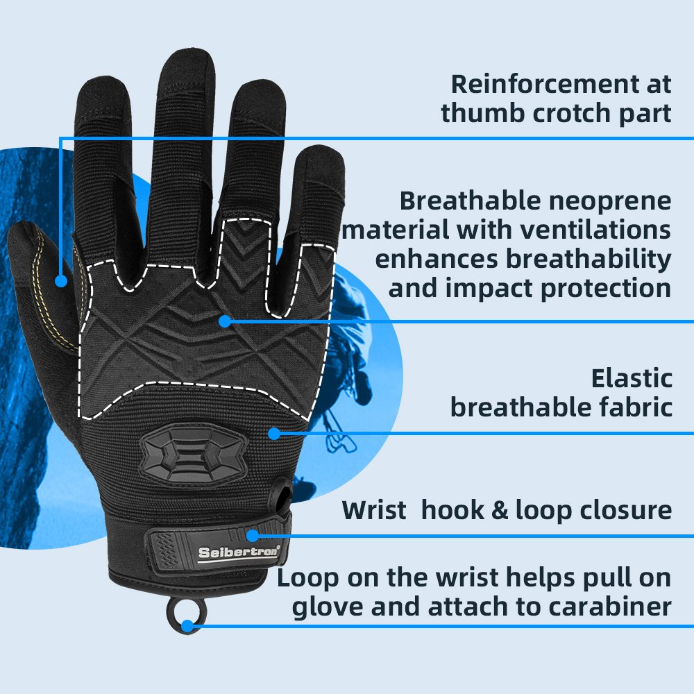 color:Black | Seibertron Full Finger Climbing Sailing Gloves full finger padded palm climbing rope gloves image 02