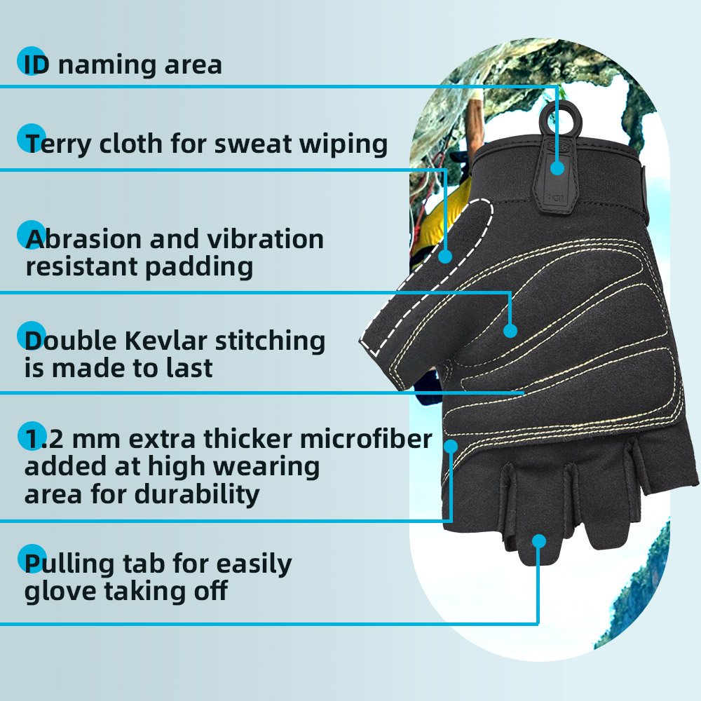 color:Black | Seibertron Half Finger Climbing Sailing Gloves half finger padded palm climbing rope gloves image 03