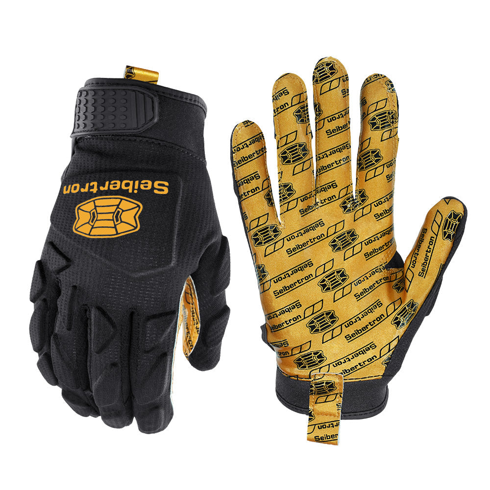 seibertron-gallery:hpirg-black-white-bg-20260714 | product:8307911884990 | color:Black | slot:1 | Seibertron H.P.I.R.G touchscreen football receiver gloves black gold palm white background main image