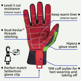 seibertron-gallery:wpc5-safety-gloves-20260715 | product:wpc5 | color:Green Red | slot:4 | Seibertron HIGH-VIS WPC5 safety gloves palm and glove clip detail image