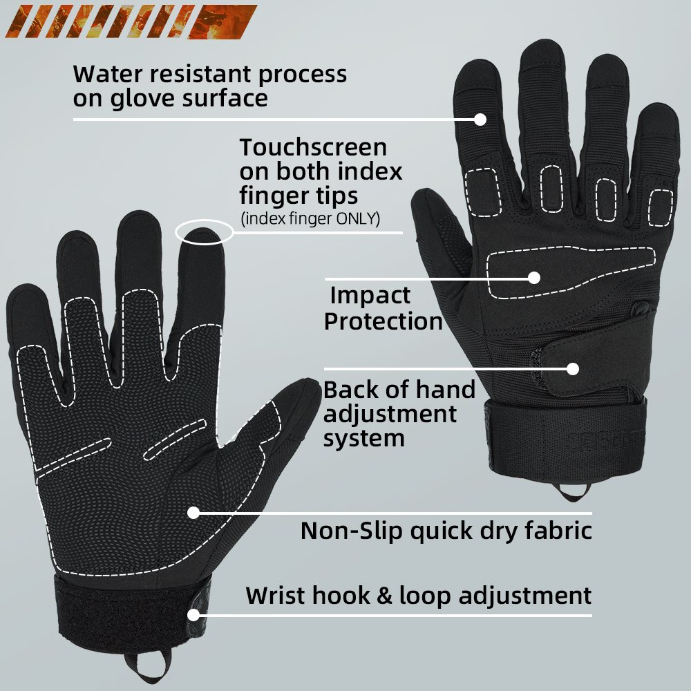 color:Black | Seibertron S.O.L.A.G Tactical Full Finger Gloves water resistant touchscreen tactical full finger gloves image 03